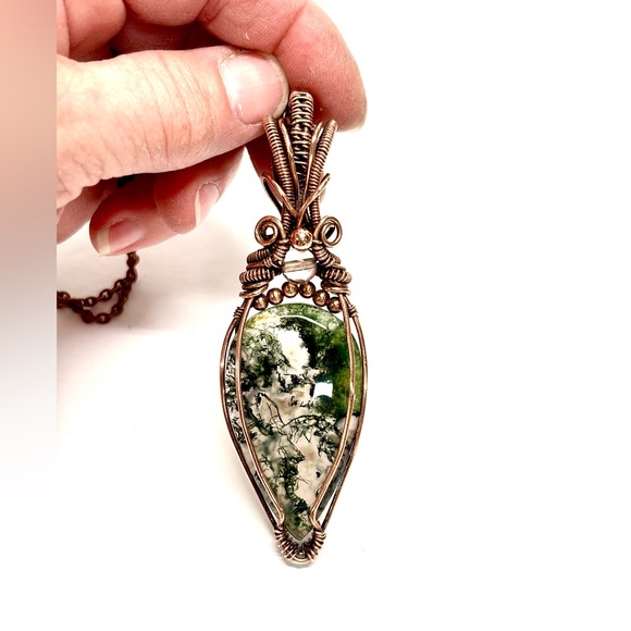 HANDMADE MOSS Agate & Clear Quartz Hand Wrapped Copper Statement Necklace, Gift - Picture 1 of 10